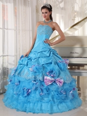 Strapless Aqua Blue Ball Gown Floor-length Organza and Taffeta Appliques Quinceanera Dress