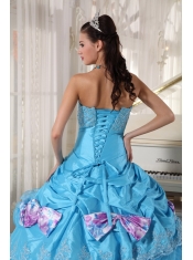 Strapless Aqua Blue Ball Gown Floor-length Organza and Taffeta Appliques Quinceanera Dress