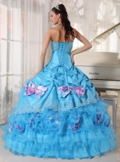 Strapless Aqua Blue Ball Gown Floor-length Organza and Taffeta Appliques Quinceanera Dress