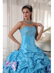 Strapless Aqua Blue Ball Gown Floor-length Organza and Taffeta Appliques Quinceanera Dress