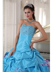 Strapless Aqua Blue Ball Gown Floor-length Organza and Taffeta Appliques Quinceanera Dress