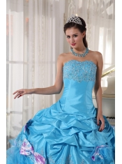 Strapless Aqua Blue Ball Gown Floor-length Organza and Taffeta Appliques Quinceanera Dress