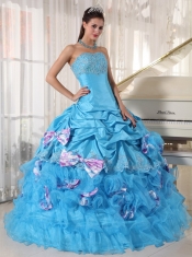 Strapless Aqua Blue Ball Gown Floor-length Organza and Taffeta Appliques Quinceanera Dress