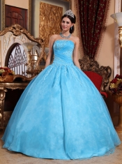 Aqua Blue Ball Gown Strapless Floor-length Organza Appliques Quinceanera Dress