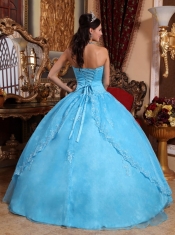 Aqua Blue Ball Gown Strapless Floor-length Organza Appliques Quinceanera Dress