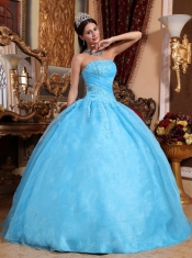 Aqua Blue Ball Gown Strapless Floor-length Organza Appliques Quinceanera Dress