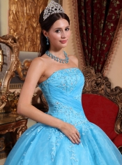Aqua Blue Ball Gown Strapless Floor-length Organza Appliques Quinceanera Dress