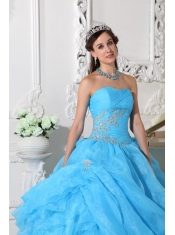 Aqua Blue Ball Gown Strapless Floor-length Organza Beading Quinceanera Dress