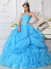 Aqua Blue Ball Gown Strapless Floor-length Organza Beading Quinceanera Dress