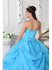 Aqua Blue Ball Gown Strapless Floor-length Organza Beading Quinceanera Dress