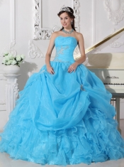 Aqua Blue Ball Gown Strapless Floor-length Organza Beading Quinceanera Dress