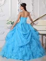 Aqua Blue Ball Gown Strapless Floor-length Organza Beading Quinceanera Dress