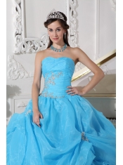 Aqua Blue Ball Gown Strapless Floor-length Organza Beading Quinceanera Dress