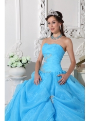 Aqua Blue Ball Gown Strapless Floor-length Organza Beading Quinceanera Dress