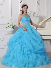 Aqua Blue Ball Gown Strapless Floor-length Organza Beading Quinceanera Dress