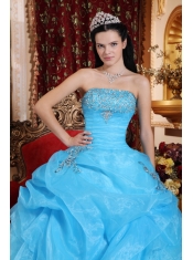 Aqua Blue Ball Gown Strapless Floor-length Organza Beading Quinceanera Dress