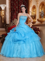 Aqua Blue Ball Gown Strapless Floor-length Organza Beading Quinceanera Dress