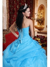 Aqua Blue Ball Gown Strapless Floor-length Organza Beading Quinceanera Dress