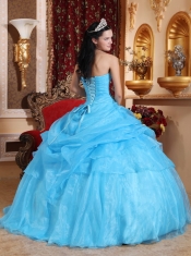 Aqua Blue Ball Gown Strapless Floor-length Organza Beading Quinceanera Dress