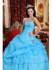 Aqua Blue Ball Gown Strapless Floor-length Organza Beading Quinceanera Dress