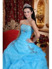 Aqua Blue Ball Gown Strapless Floor-length Organza Beading Quinceanera Dress