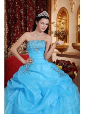 Aqua Blue Ball Gown Strapless Floor-length Organza Beading Quinceanera Dress