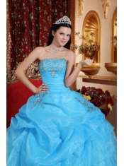 Aqua Blue Ball Gown Strapless Floor-length Organza Beading Quinceanera Dress