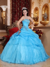 Aqua Blue Ball Gown Strapless Floor-length Organza Beading Quinceanera Dress