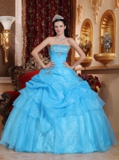 Aqua Blue Ball Gown Strapless Floor-length Organza Beading Quinceanera Dress