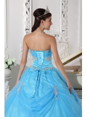 Aqua Blue Ball Gown Strapless Floor-length Taffeta and Organza Appliques and Hand Made Flower Quinceanera Dress