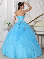 Aqua Blue Ball Gown Strapless Floor-length Taffeta and Organza Appliques and Hand Made Flower Quinceanera Dress