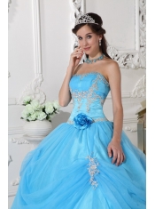 Aqua Blue Ball Gown Strapless Floor-length Taffeta and Organza Appliques and Hand Made Flower Quinceanera Dress