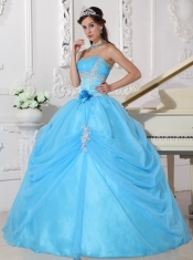 Aqua Blue Ball Gown Strapless Floor-length Taffeta and Organza Appliques and Hand Made Flower Quinceanera Dress