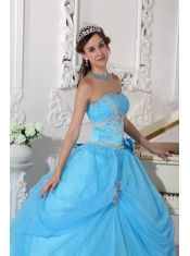 Aqua Blue Ball Gown Strapless Floor-length Taffeta and Organza Appliques and Hand Made Flower Quinceanera Dress