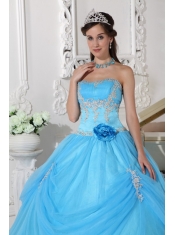 Aqua Blue Ball Gown Strapless Floor-length Taffeta and Organza Appliques and Hand Made Flower Quinceanera Dress