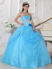 Aqua Blue Ball Gown Strapless Floor-length Taffeta and Organza Appliques and Hand Made Flower Quinceanera Dress