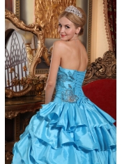 Aqua Blue Quinceanera Dress Strapless Floor-length Taffeta Appliques Ball Gown