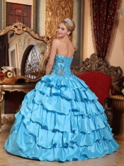 Aqua Blue Quinceanera Dress Strapless Floor-length Taffeta Appliques Ball Gown