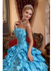 Aqua Blue Quinceanera Dress Strapless Floor-length Taffeta Appliques Ball Gown