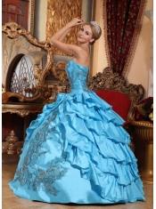 Aqua Blue Quinceanera Dress Strapless Floor-length Taffeta Appliques Ball Gown