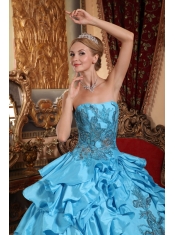 Aqua Blue Quinceanera Dress Strapless Floor-length Taffeta Appliques Ball Gown