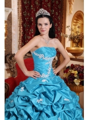 Aqua Blue Ball Gown Strapless Floor-length Taffeta Appliques Quinceanera Dress