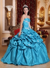Aqua Blue Ball Gown Strapless Floor-length Taffeta Appliques Quinceanera Dress