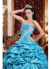 Aqua Blue Ball Gown Strapless Floor-length Taffeta Appliques Quinceanera Dress