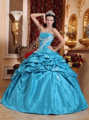 Aqua Blue Ball Gown Strapless Floor-length Taffeta Appliques Quinceanera Dress