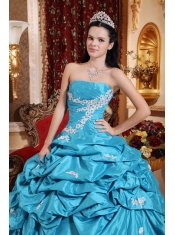Aqua Blue Ball Gown Strapless Floor-length Taffeta Appliques Quinceanera Dress