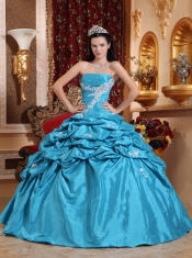 Aqua Blue Ball Gown Strapless Floor-length Taffeta Appliques Quinceanera Dress