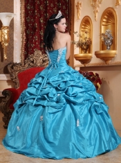 Aqua Blue Ball Gown Strapless Floor-length Taffeta Appliques Quinceanera Dress
