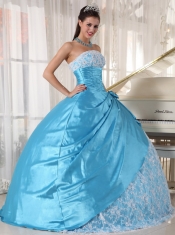 Aqua Blue Ball Gown Strapless Floor-length Taffeta Lace Quinceanera Dress