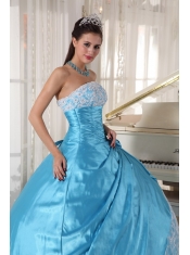 Aqua Blue Ball Gown Strapless Floor-length Taffeta Lace Quinceanera Dress